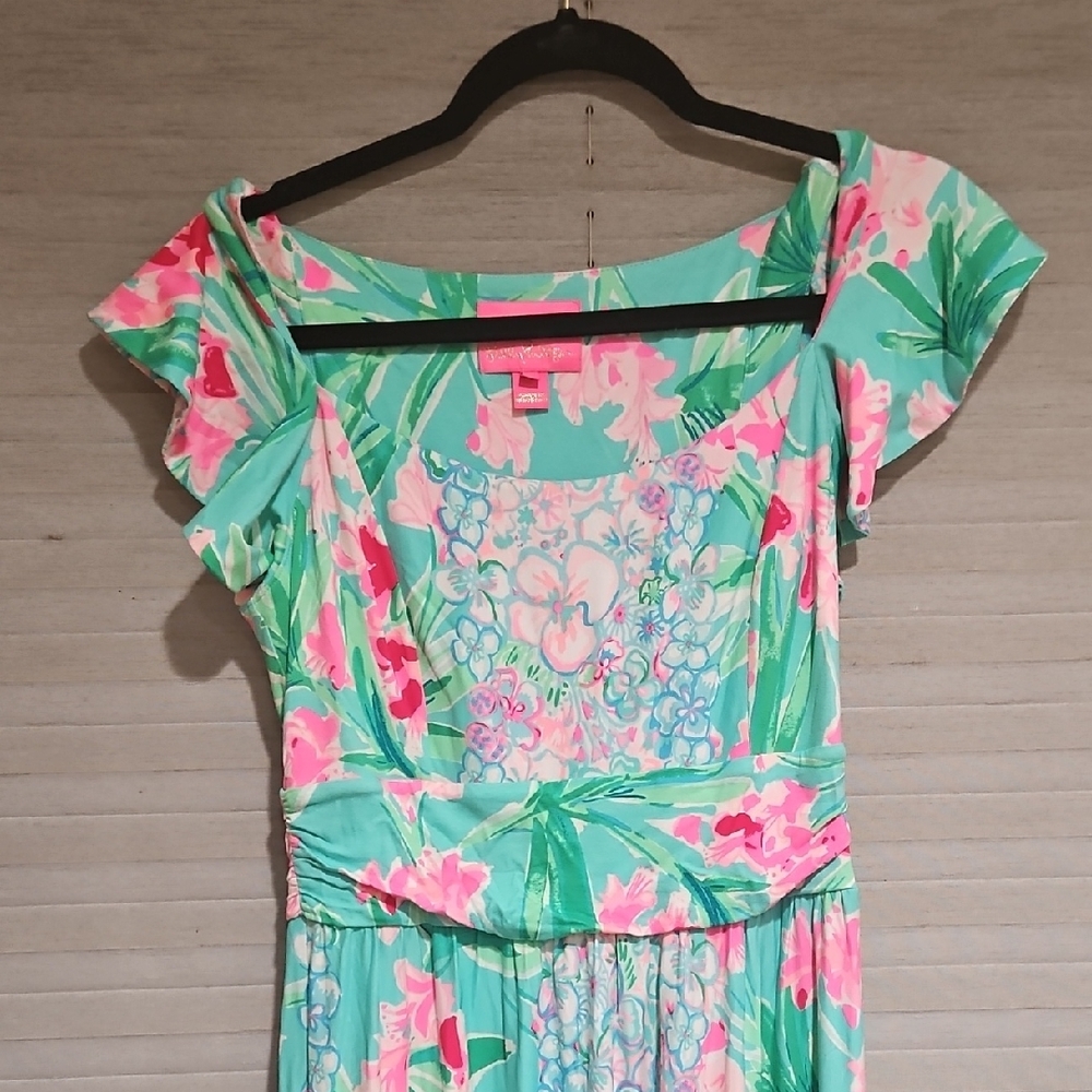 Lilly Pulitzer Cristal Maxi Dress Small S Aqua Floral Flutter Sleeve Square Neck - Picture 3 of 12